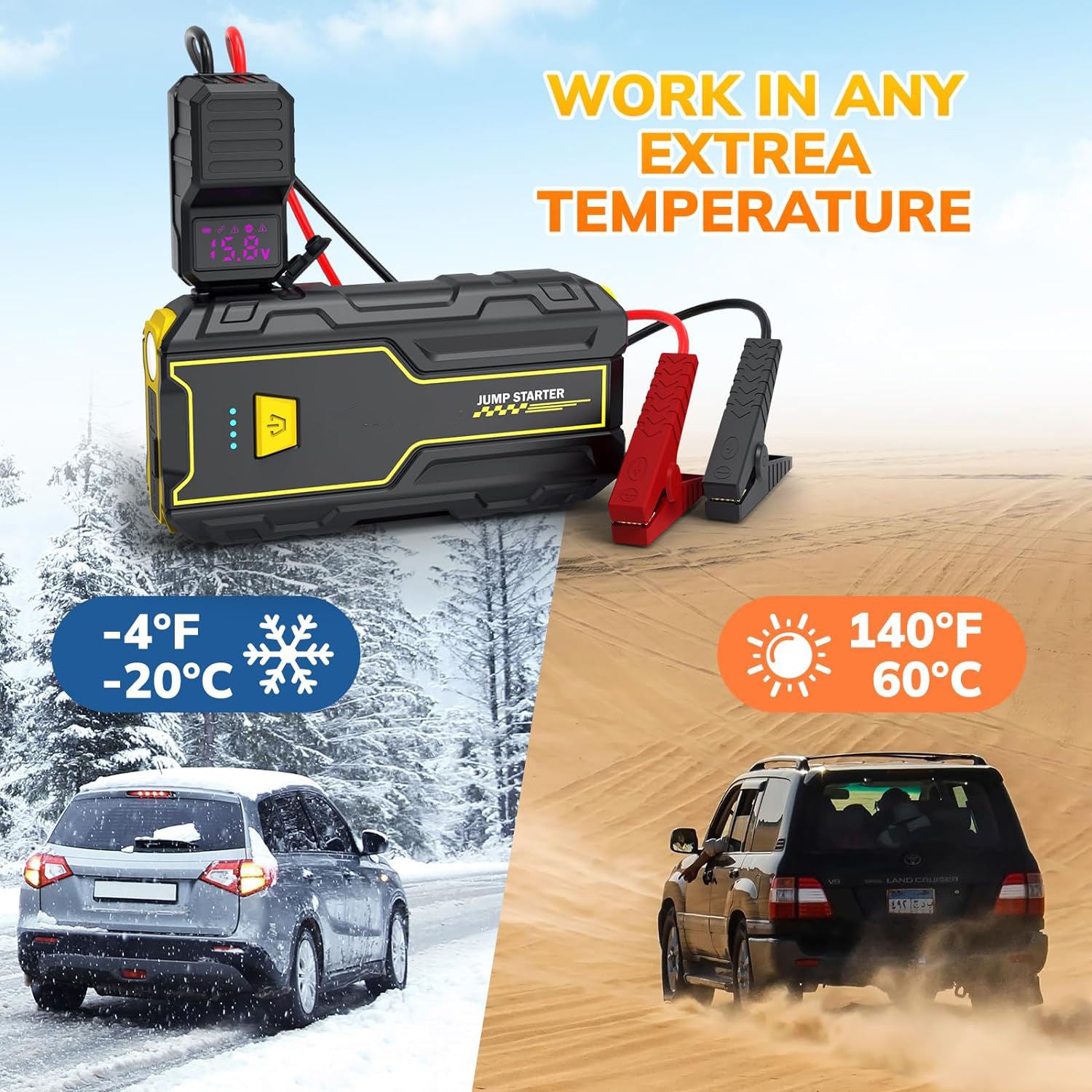 Car Jump Starter 3000A Peak 7200mAh 26.64Wh Battery Pack – 12V Gas & Diesel Engine Booster with LED Light & Power Bank