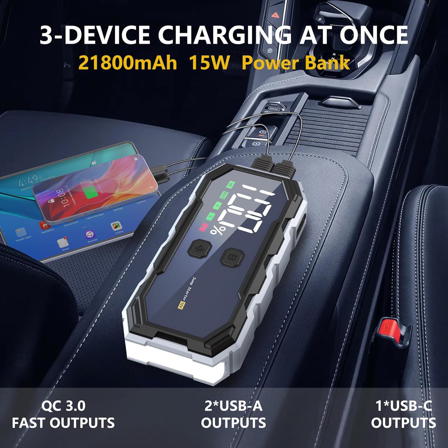 Portable Car Jump Starter 5000A Peak 21800mAh Battery Pack – 12V Gas & Diesel Engine Booster with 400 Lumen LED Flashlight & QC3.0 Fast Charging