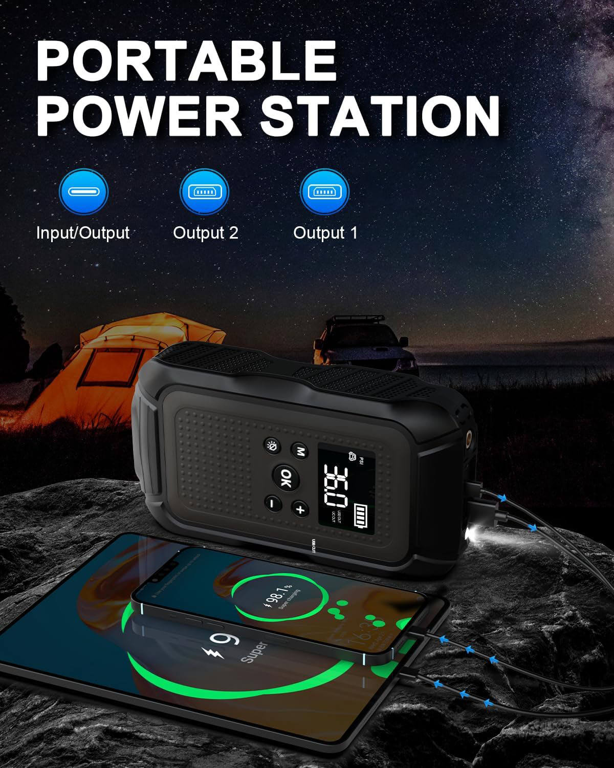 Car Jump Starter with Air Compressor 6000A Peak 10000mAh 37Wh Battery Pack – 12V Gas & Diesel Engine Booster with LED Light & Power Bank