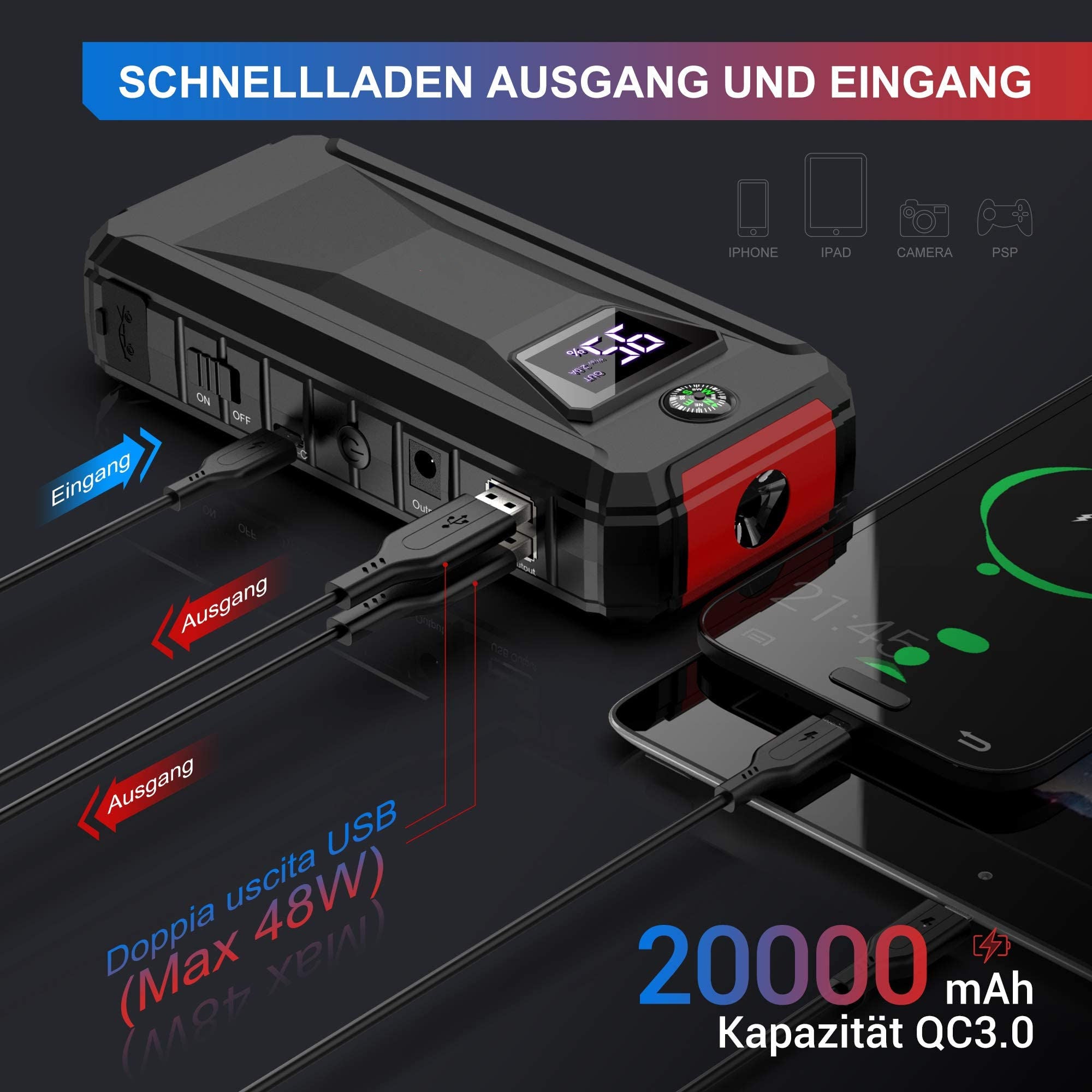Portable Car Jump Starter 2000A Peak 20000mAh Battery Pack – 12V Gas & Diesel Engine Booster with LED Emergency Light & Power Bank