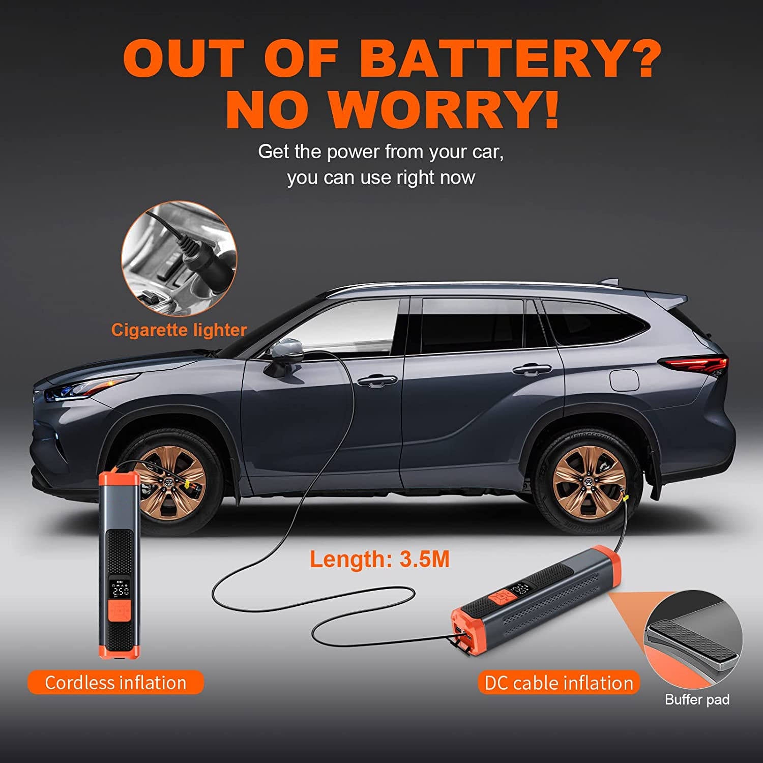 Portable Wireless Air Compressor Tire Inflator 150PSI with LED Light and Power Bank Function