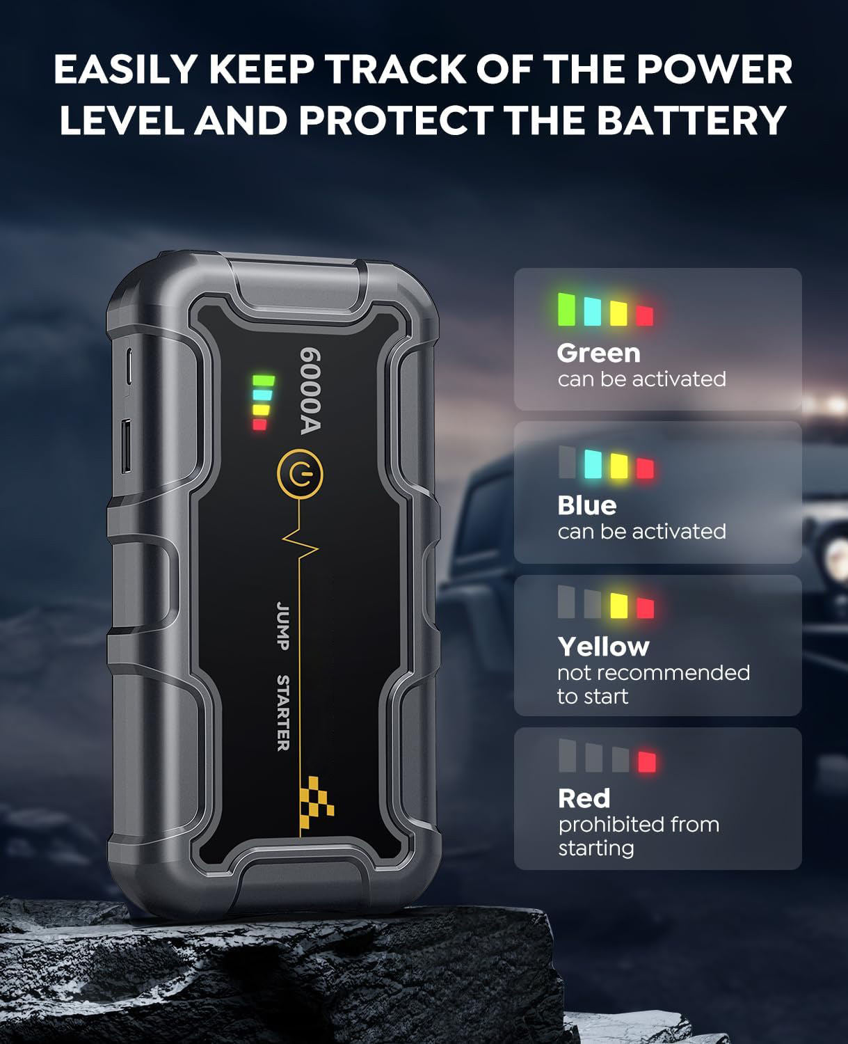 Car Jump Starter 6000A Peak 22000mAh 74Wh Battery Pack – 12V Gas & Diesel Engine Booster with LED Light & Power Bank