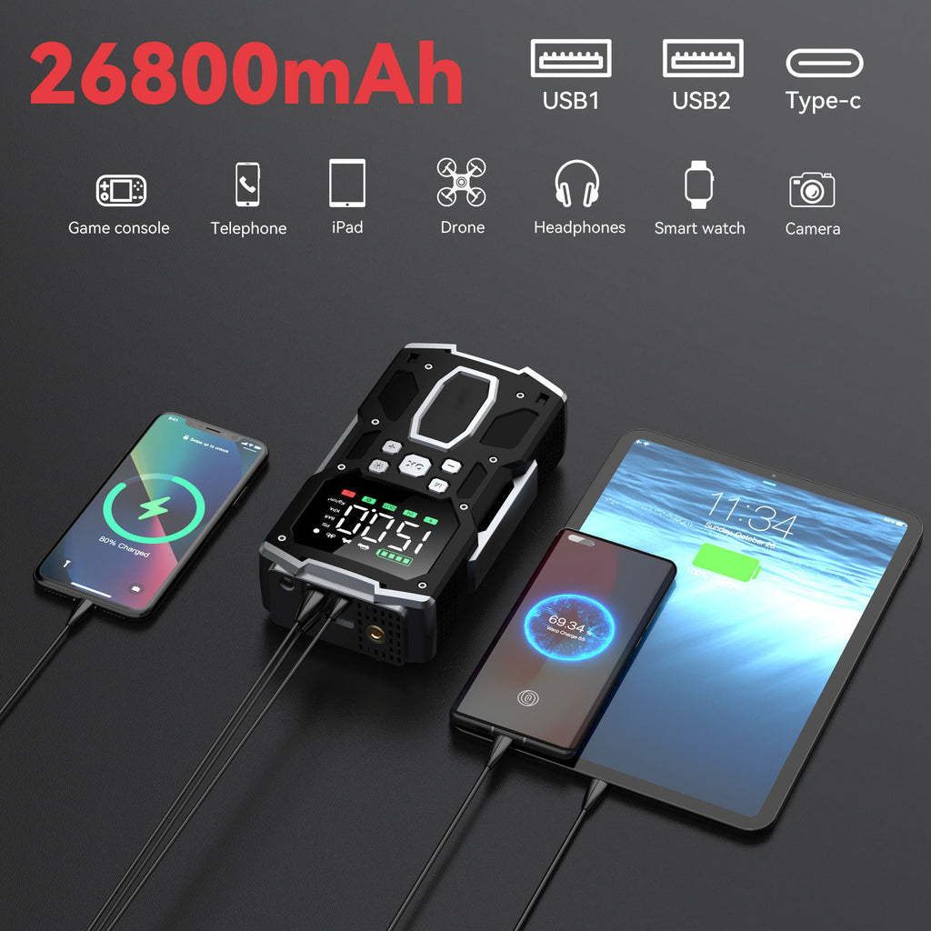 Car Jump Starter with Air Compressor 5000A Peak 26800mAh 99Wh Battery Pack – 12V Gas & Diesel Engine Booster with LED Light & Power Bank