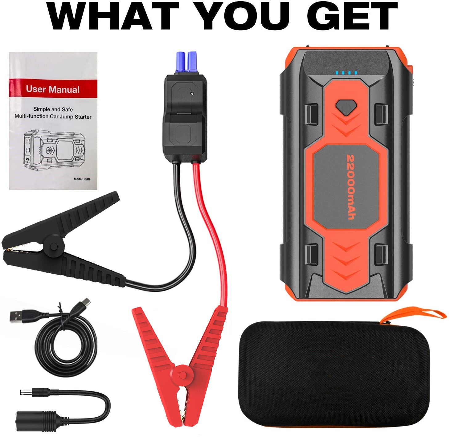 Portable Car Jump Starter 2500A Peak 22000mAh Battery Pack – 12V Gas & Diesel Engine Booster with LED Emergency Light