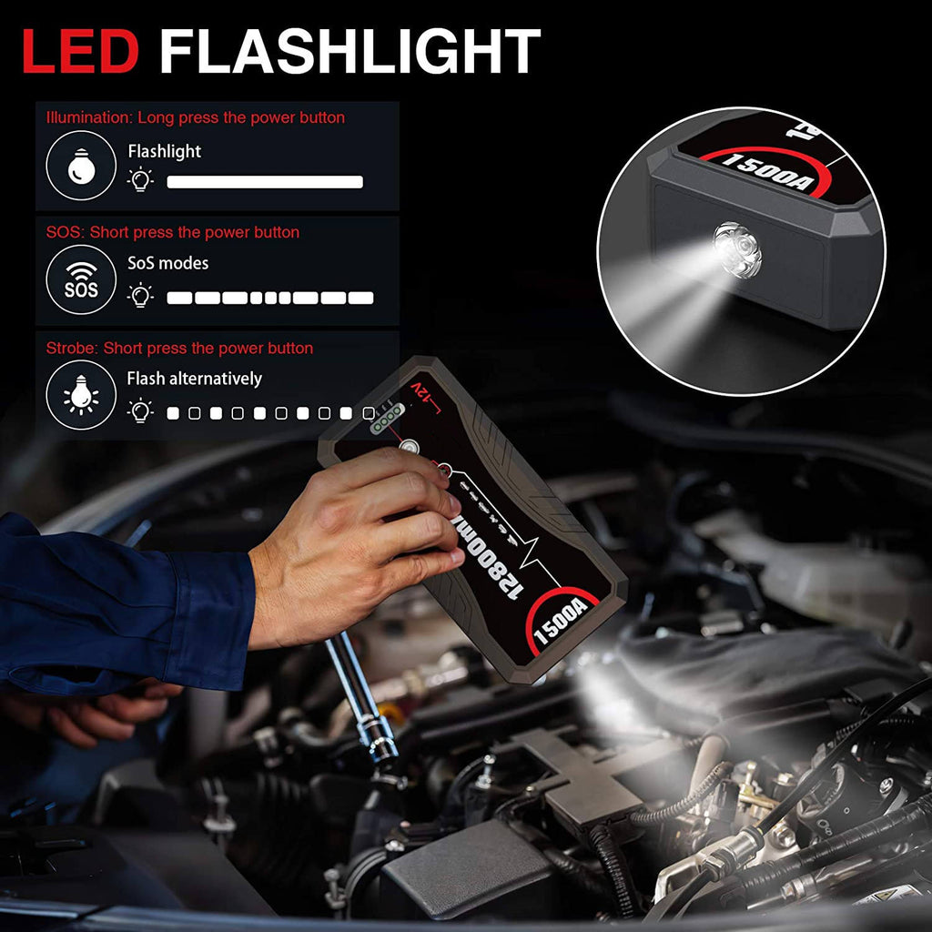 Portable Car Jump Starter 1500A Peak 12800mAh Battery Pack – 12V Gas & Diesel Engine Booster with LED Emergency Light