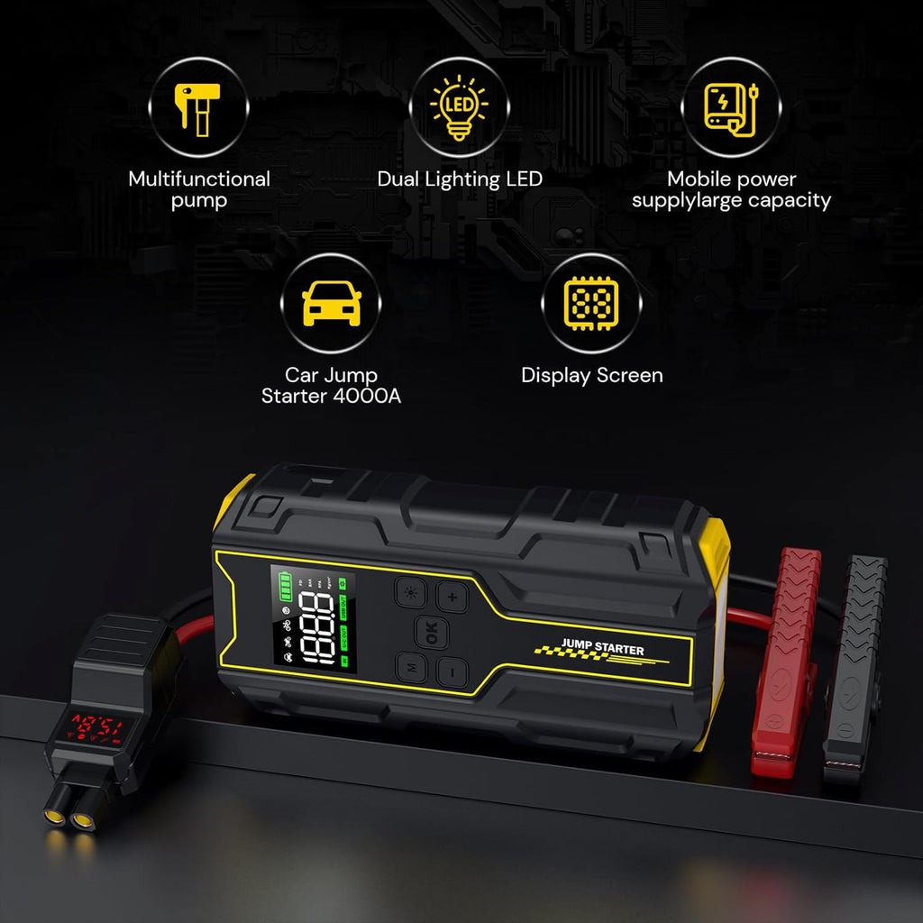 Car Jump Starter with Air Compressor 4000A Peak 12V Battery Booster – 150PSI Tire Inflator, LED Light & Power Bank for Gasoline and Diesel Engines