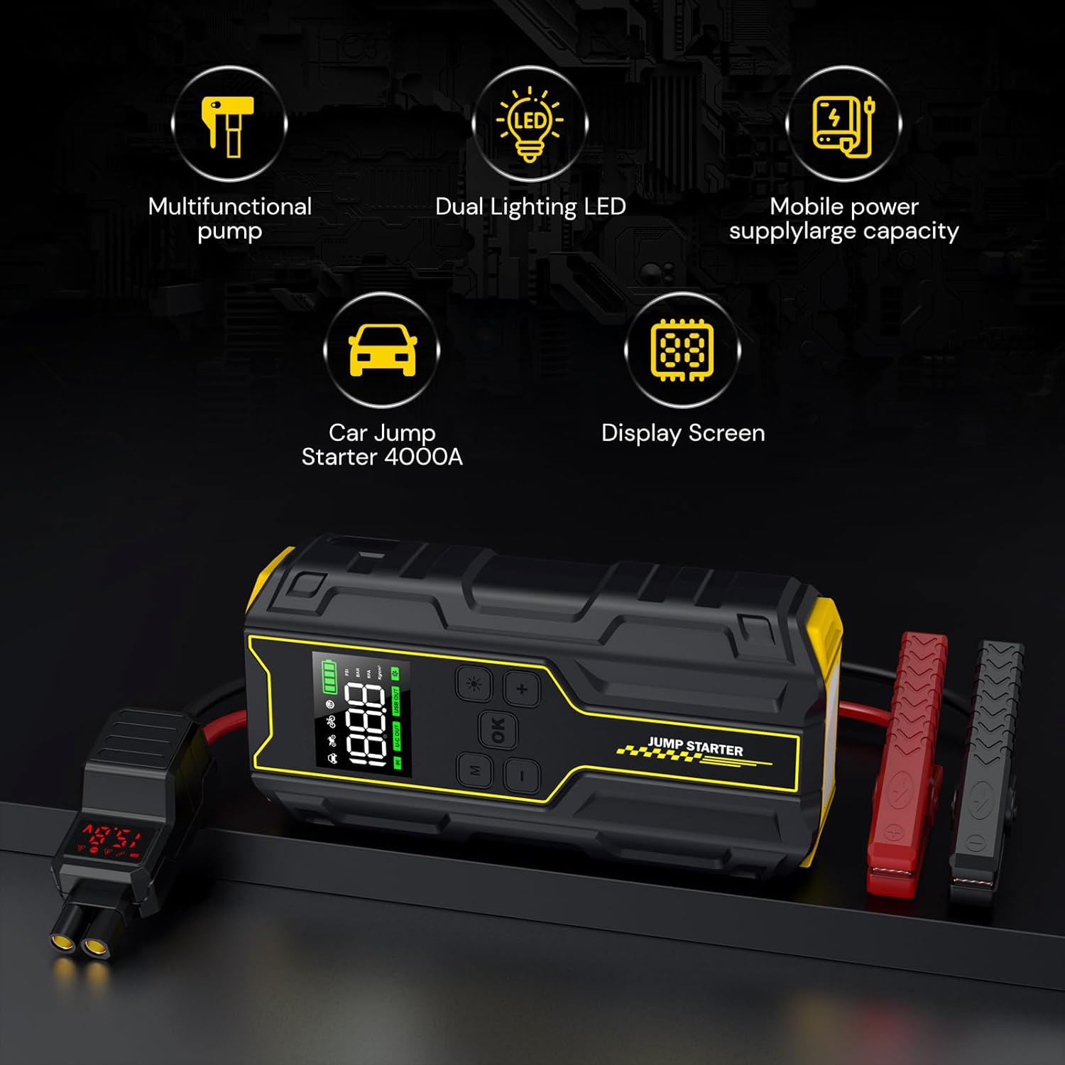 Car Jump Starter with Air Compressor 4000A Peak 12V Battery Booster – 150PSI Tire Inflator, LED Light & Power Bank for Gasoline and Diesel Engines