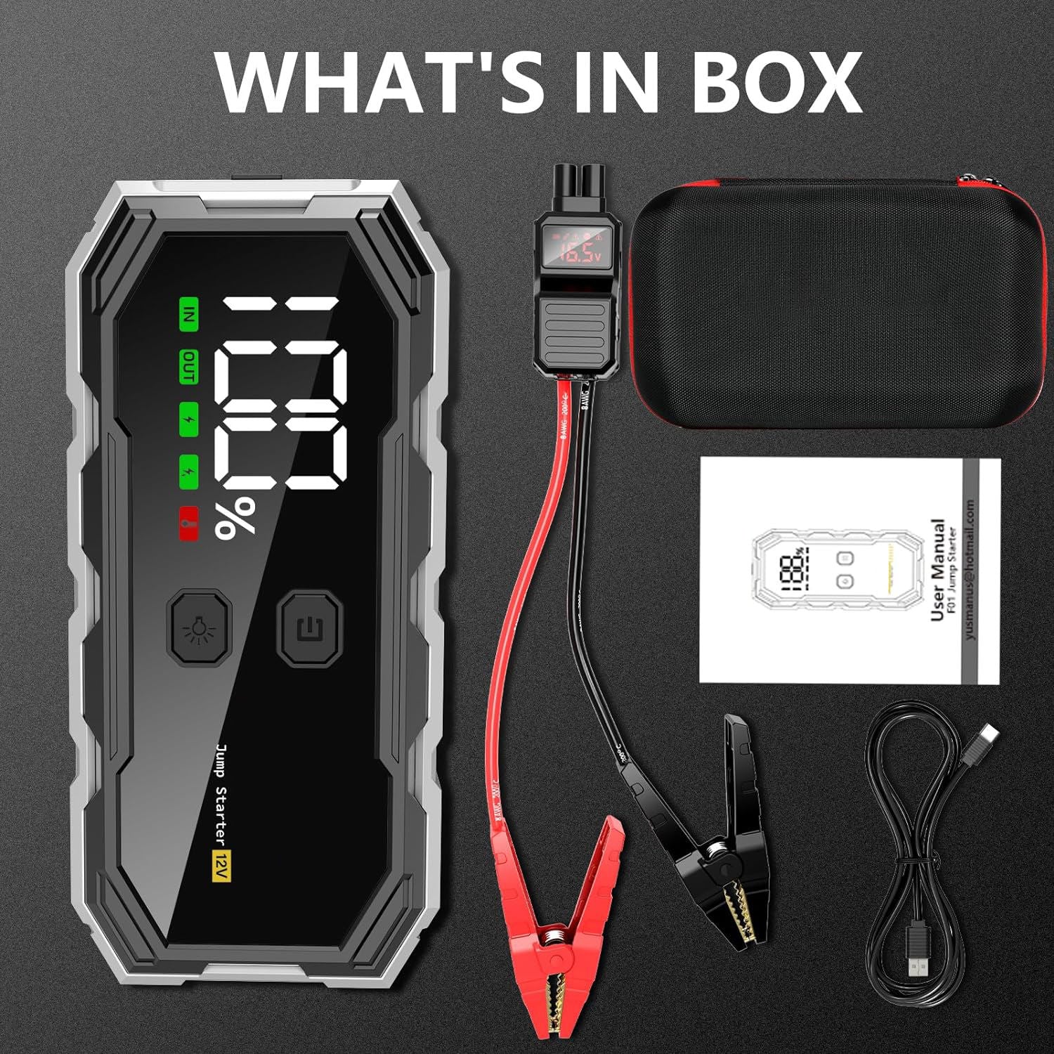 Portable Car Jump Starter 5000A Peak 21800mAh Battery Pack – 12V Gas & Diesel Engine Booster with 400 Lumen LED Flashlight & QC3.0 Fast Charging